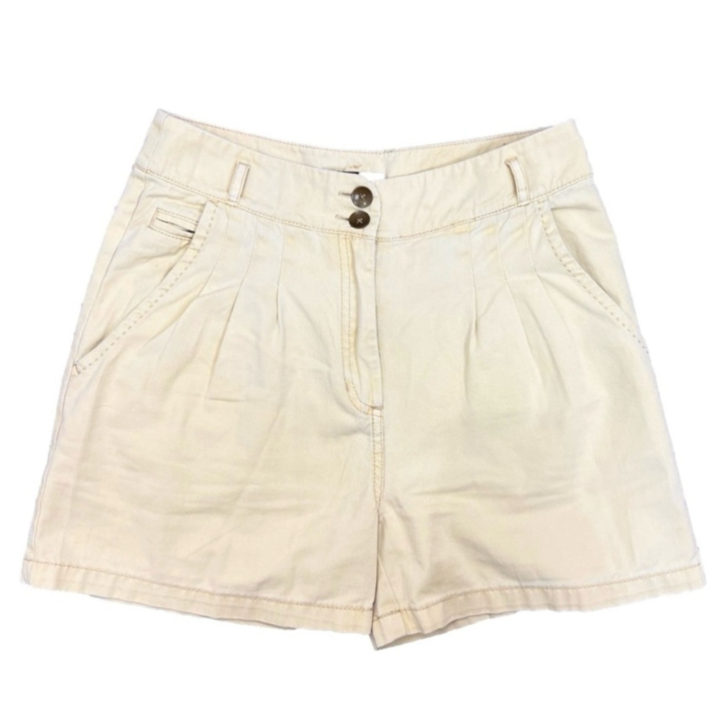 Pale yellow high rise cotton twill pleated tailored shorts 4